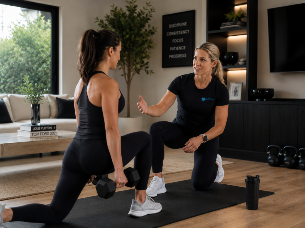 Female Personal Trainer Guiding Client Through Lunges in Living Room